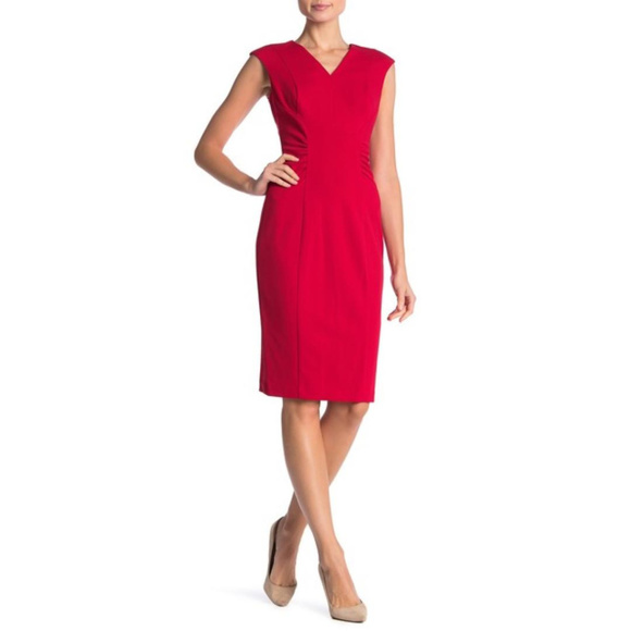 SOLD Calvin Klein V Neck Cap Sleeve Red Midi Dress - Picture 7 of 7